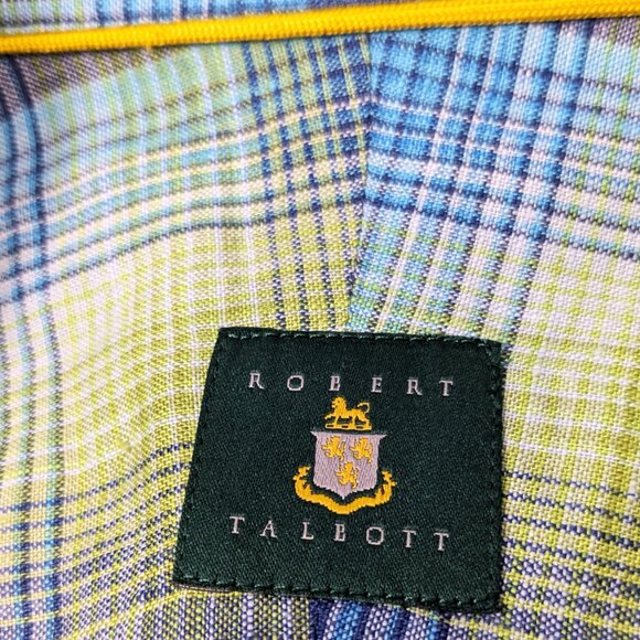 Robert Talbott Linen Shirt XL Long Sleeve Colorful Blue Yellow Plaid button down - Picture 7 of 13